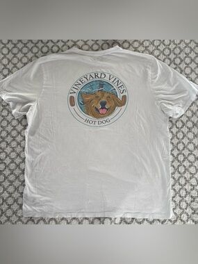 Vineyard Vines White Tee with Brown Dog 'Hot Dog' Graphic and Blue Accents